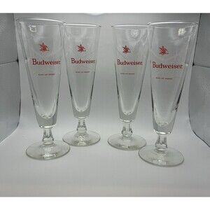 (4) Vintage Budweiser King of Beer Footed Pilsner glasses White‎ Bowtie Logo Bar
